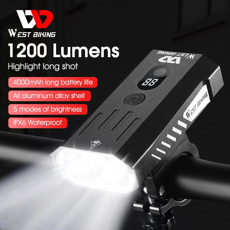 Đèn pin West Biking với 1200 lumens 4000mah chống thấm nước ipx6 sạc qua USB gắn xe đạp đa năng