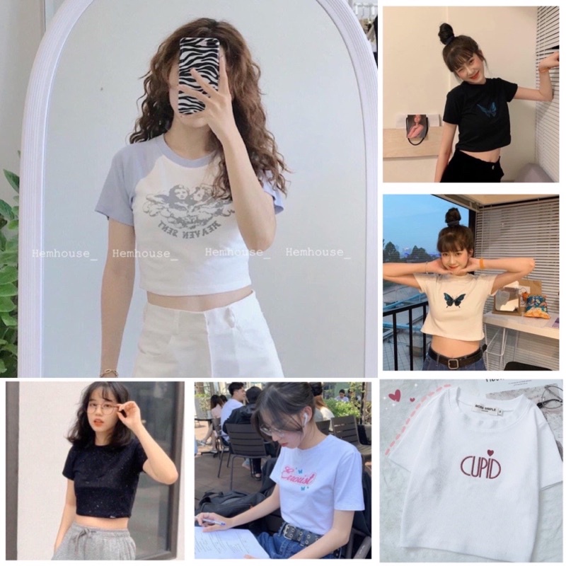 Áo Croptop Ngắn Dáng Ôm Ulzzang Hoạ Tiết Thêu Và In hot