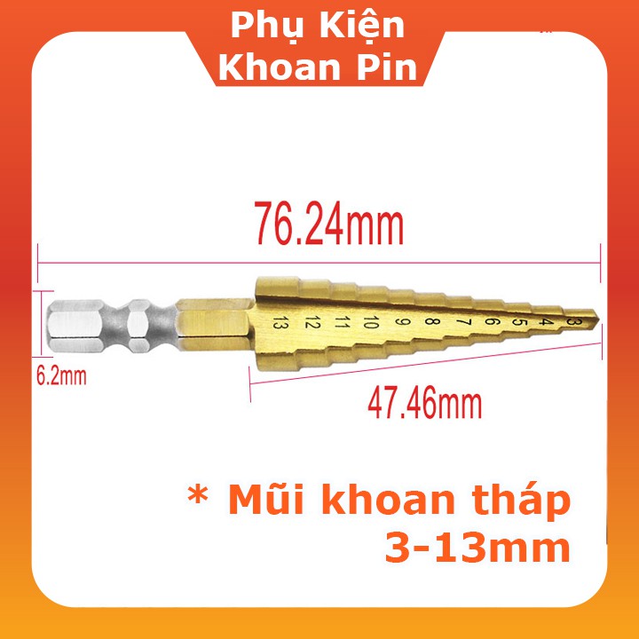 Mũi khoan tháp, bước HSS đường kính lỗ khoan 4mm - 12mm chân lục giác , chân tròn (P029)