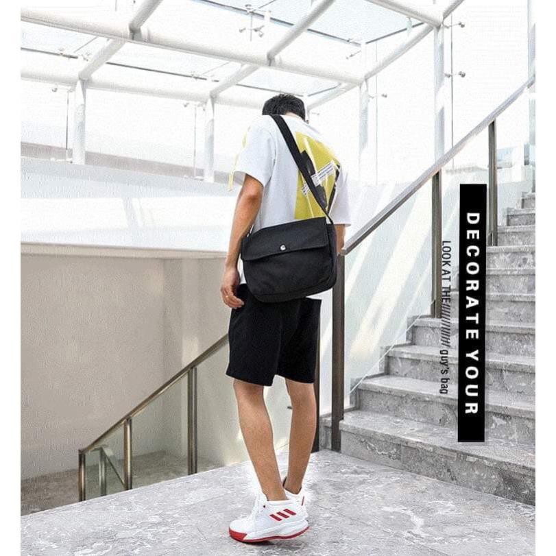 Túi Vải Nắp Lệch Đeo Chéo Nút Đồng, Túi Tote Chéo Vải Canvas Dáng Unisex 2 Màu, HOT