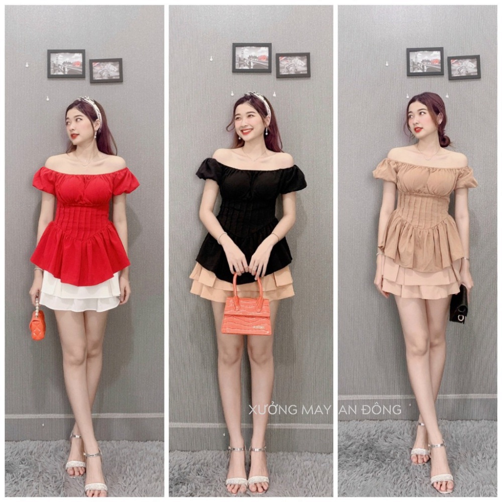 Set Áo Trễ Vai Tay Bồng Cúp Ngực Phối Chân Váy Xòe Xếp Ly 3 Tầng Màu Nu - SIÊU HOT | BigBuy360 - bigbuy360.vn