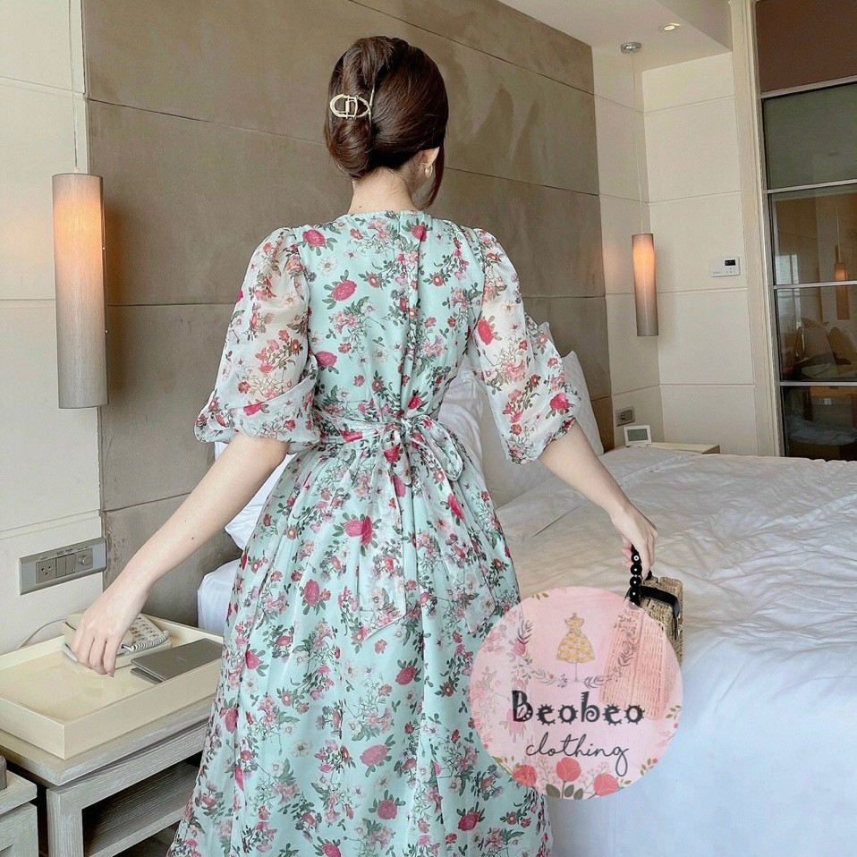 Đầm midi voan hoa nhí tay phồng thắt nơ vintage