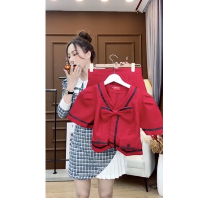 Set Áo Váy Viền Kèm Nơ Rời