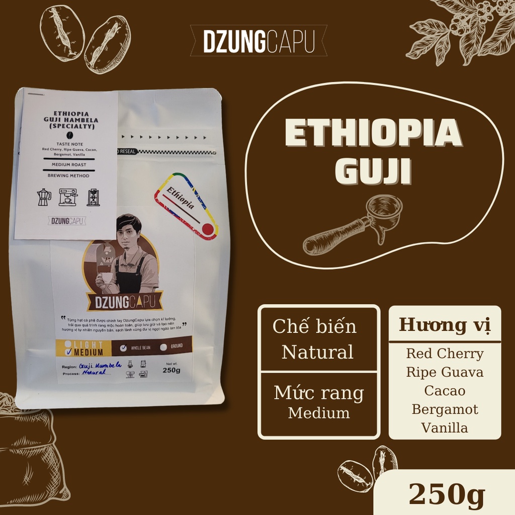 Cà phê Ethiopia Guji - Gói 250g - sơ chế Natural - DzungCapu Specialty Coffee