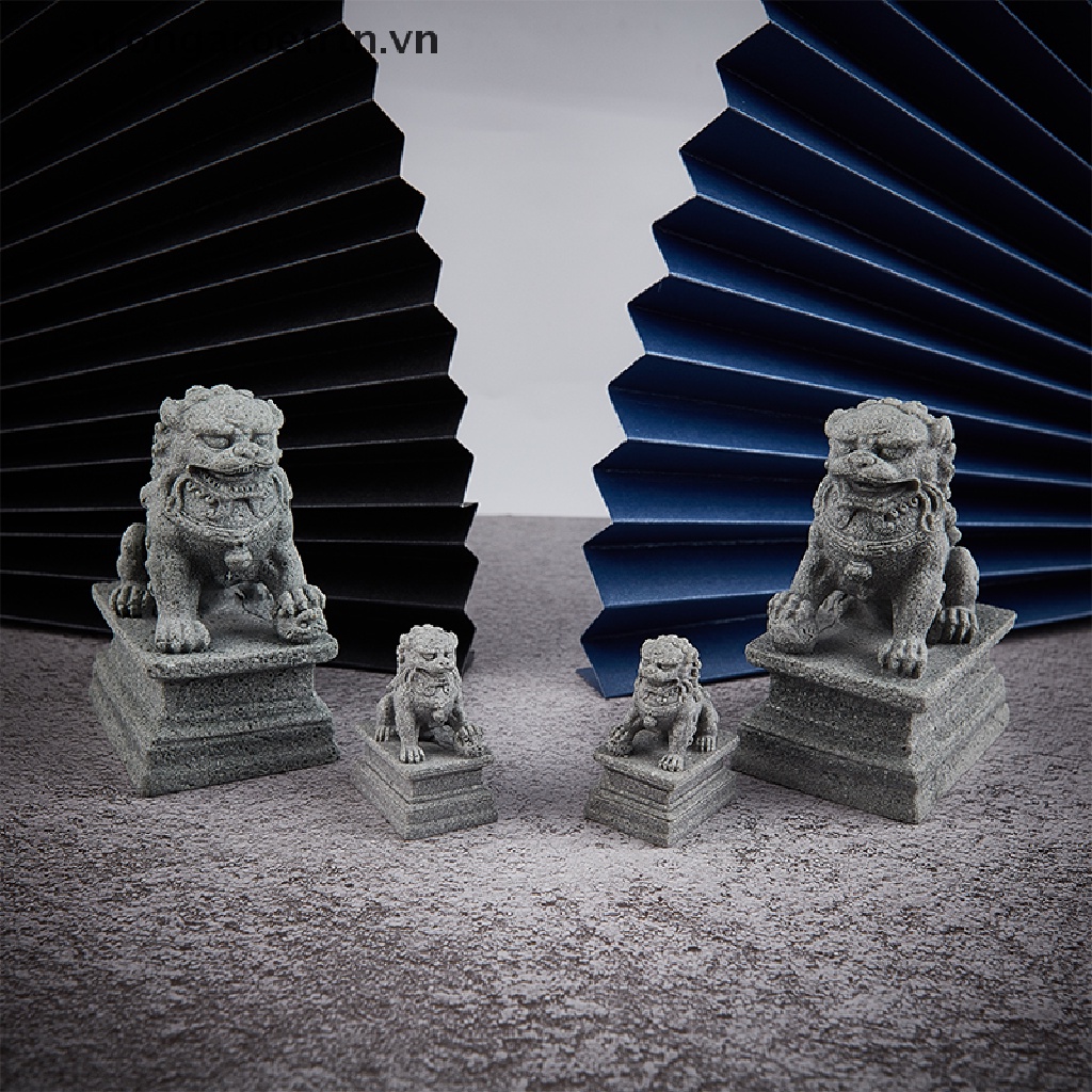 2 bức tượng sư tử bằng đá mini để bàn trang trí phong thủy phong cách trung hoa