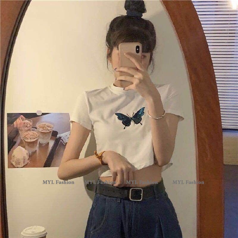 Áo croptop cộc tay, croptop thun gân tay ngắn thêu hình bướm, myl.fashion