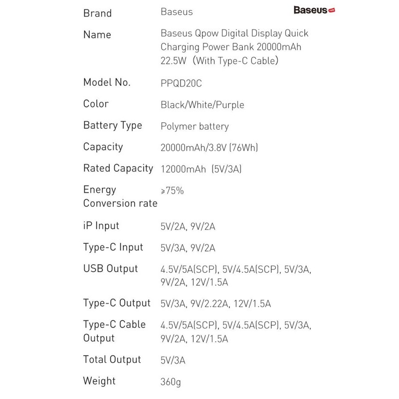 Pin sạc dự phòng Baseus Qpow Digital Display quick charging power bank 20000mAh 22.5W