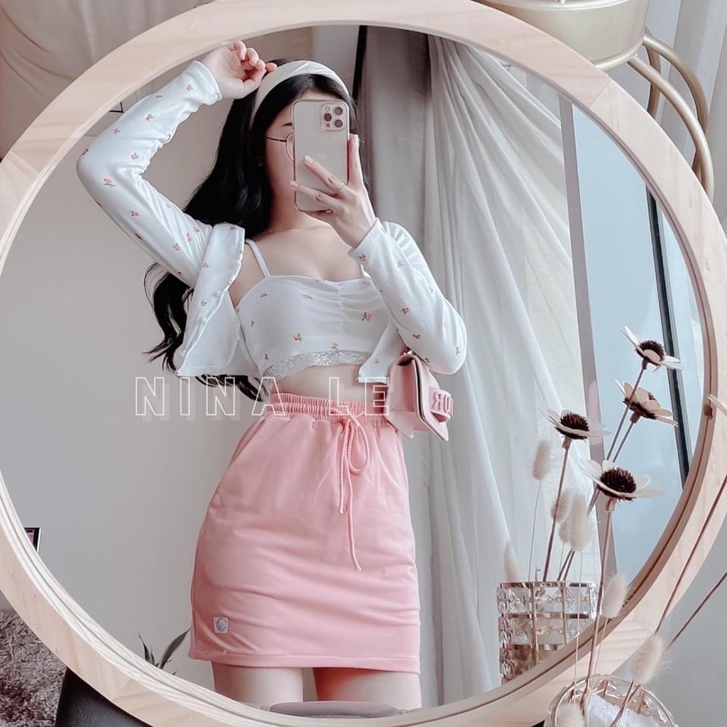 [Mã SKAMSALE06 giảm 10% tối đa 100K đơn 150K] Set croptop viền ren kèm khoác tay dài hoạ tiết phối chân váy hồng