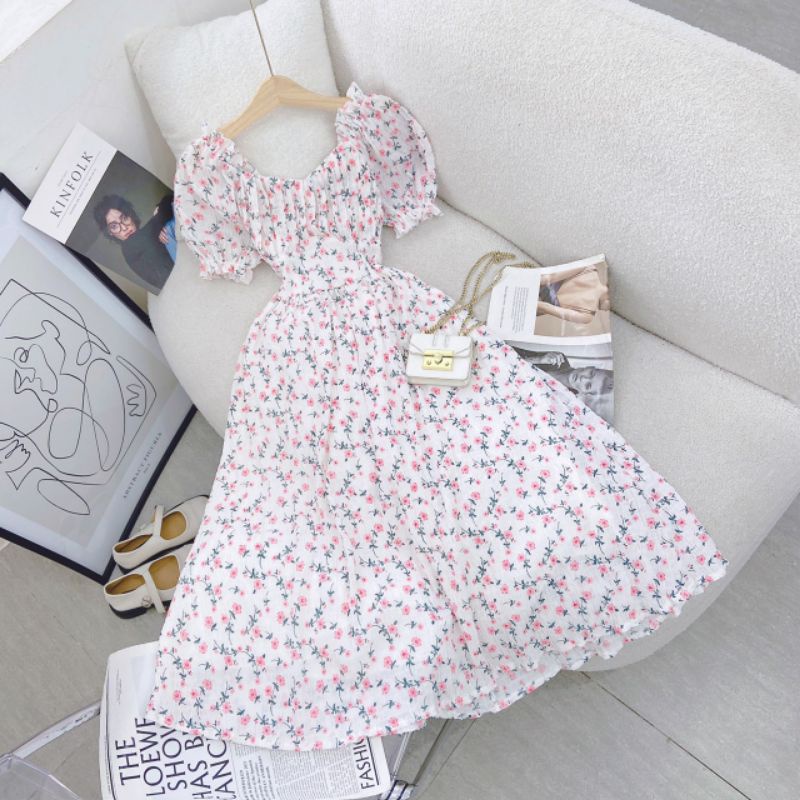 Đầm Midi Hoa Cut Out Lưng Váy Hoa Dáng Dài Nhíu Ngực Nơ Lưng Tay Bo Chun Nền Hoa Nhí Ngọt Ngào Cực Xinh Chất Mát Mịn