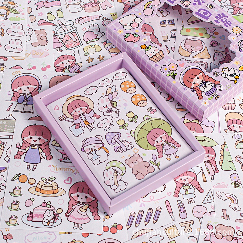 Sticker cute hình dán sổ tay 50 tấm dễ thương dán sổ trang trí cô bé có hộp ST43
