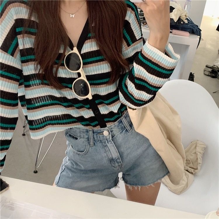 Áo Cardigan Dệt Kim Tay Dài Kẻ Sọc Thời Trang Xuân Hè Cho Nữ 2021