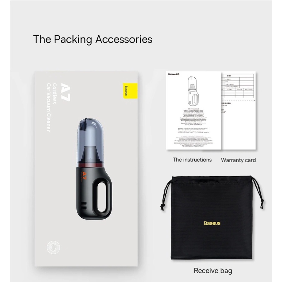Máy Hút Bụi Cầm Tay Không Dây Trên Ô TÔ Baseus A7 Car Vacuum Lực Hút Mạnh 6000Pa Dung Tích 500ml Sạc 3.5h Dùng 20 Phút