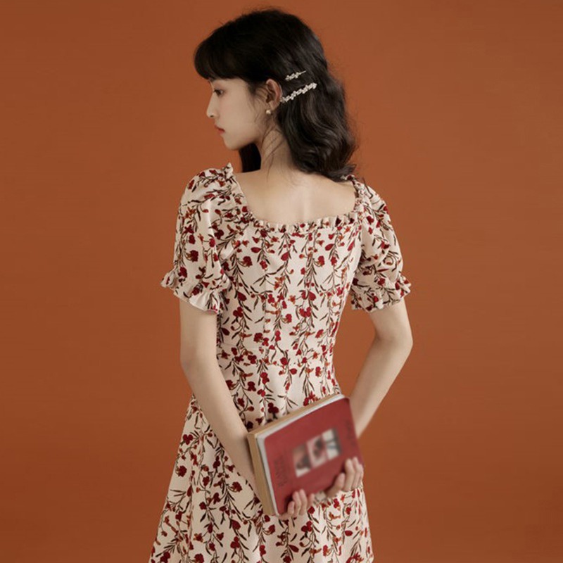 Đầm Tay Ngắn Chiết Eo In Hoa Phong Cách Hàn Quốc Xinh Xắn Cho Nữ