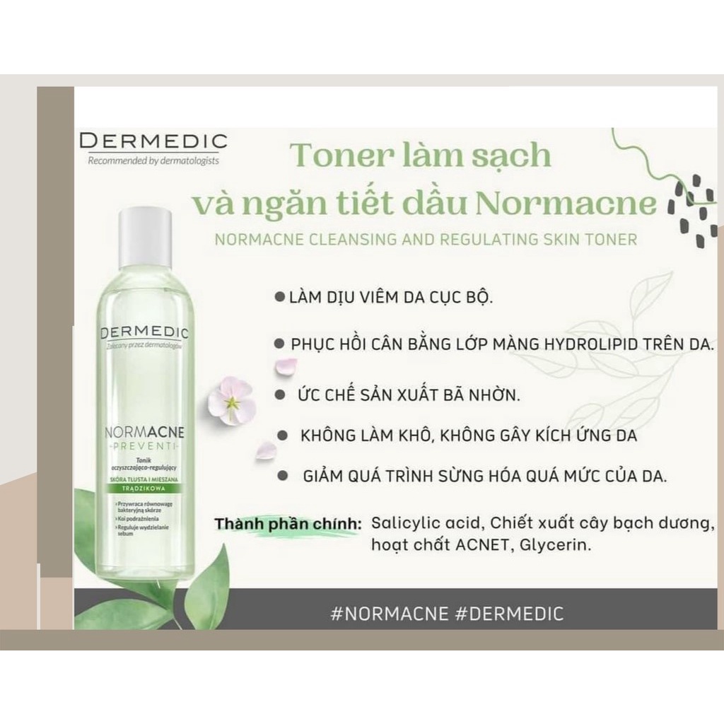 Toner Làm Sạch - Kiềm Dầu DERMEDIC NORMACNE Cleansing and Regulating Skin Toner 200ml