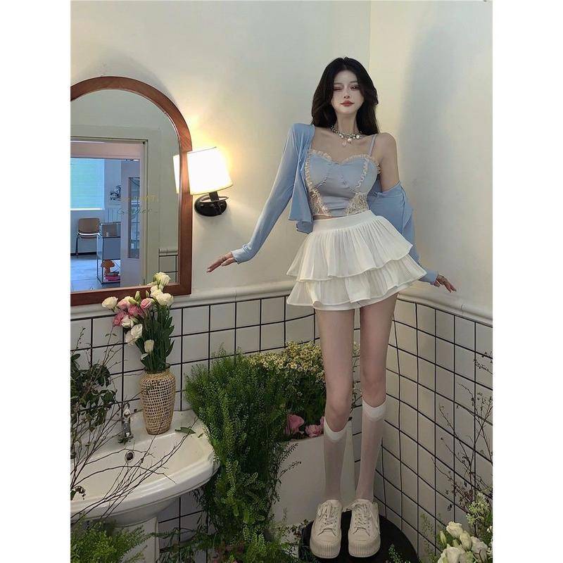 Bộ Đồ Áo Hai Dây REN Hot Girl Gợi Cảm Áo Mùa Hè Cho Nữ + Áo Khoác Cardigan + Váy Cạp Cao Cho Nữ
