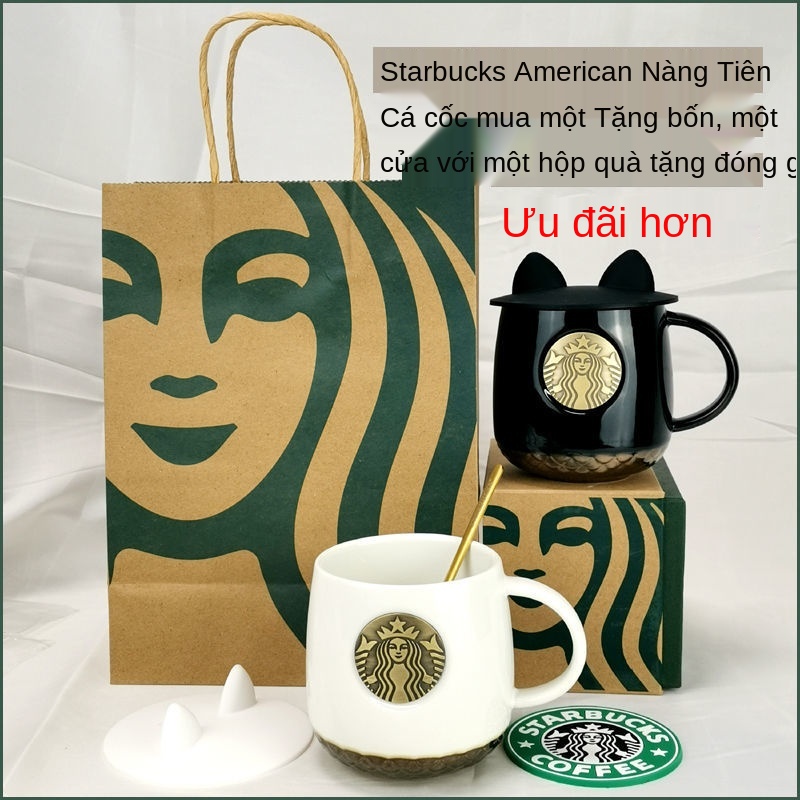 Cốc sứ Starbucks bằng đồng nàng tiên cá cà phê sữa dung tích lớn có nắp đậy thìa quà tặng cặp đôi