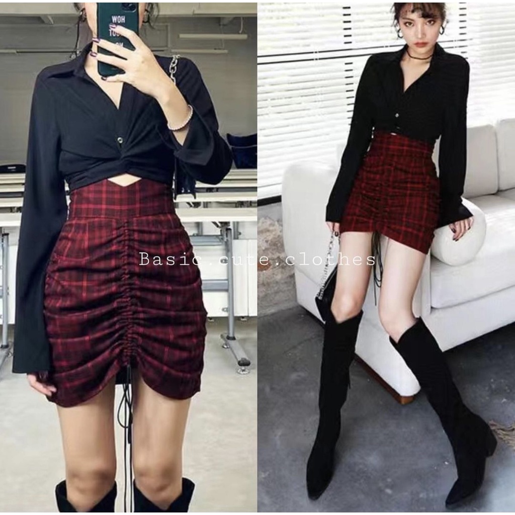 Chân váy body dáng ngắn lưng cao kẻ caro đỏ chất thun co giãn sexy tạo kiểu chun kéo ở giữa order CVCK001 SẴN M