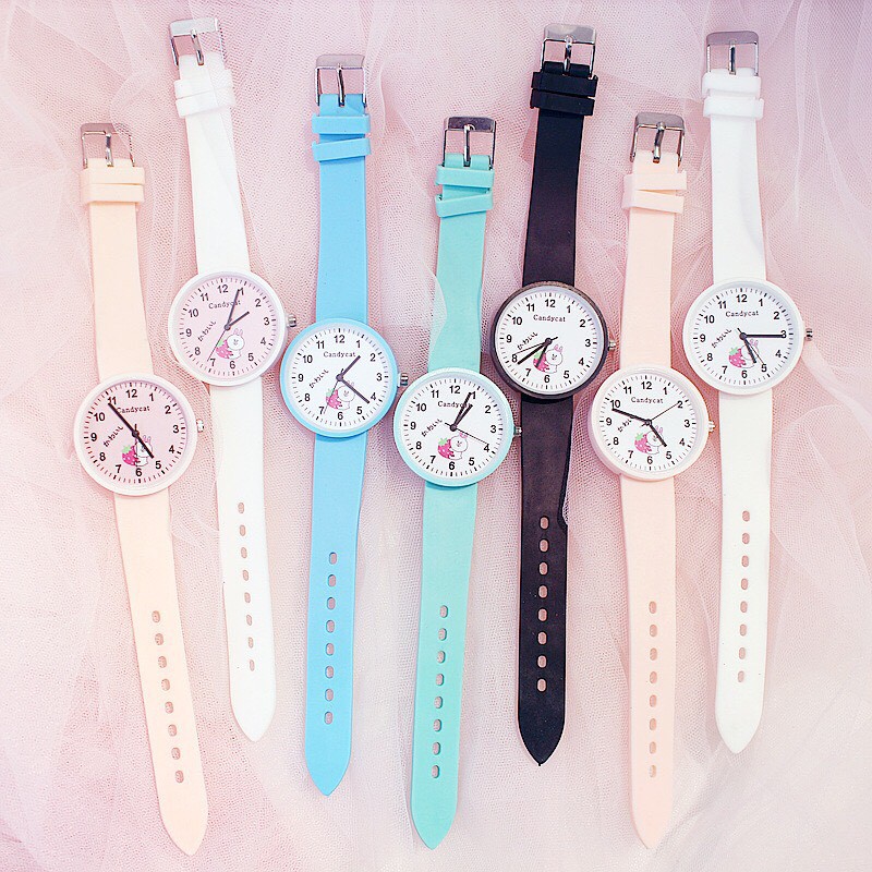 ĐỒNG HỒ NỮ DÂY CAO SU HAZO CANDYCAT D400 THỎ DỄ THƯƠNG