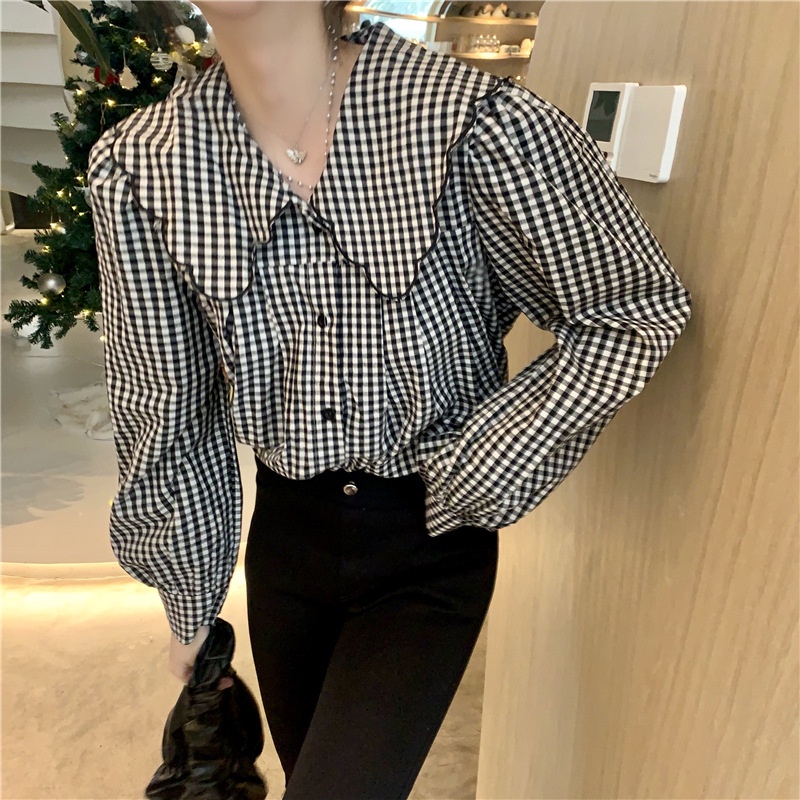 Áo sơ mi công sở tay dài họa tiết kẻ sọc phong cách Retro Hàn Quốc trẻ trung cho nữ Xiaozhainv