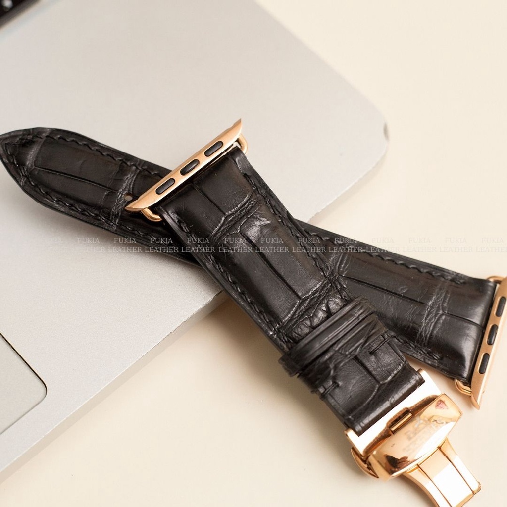 Dây da thủ công Cá Sấu Đen dành cho Apple Watch, đồng hồ thông minh, đồng hồ cơ