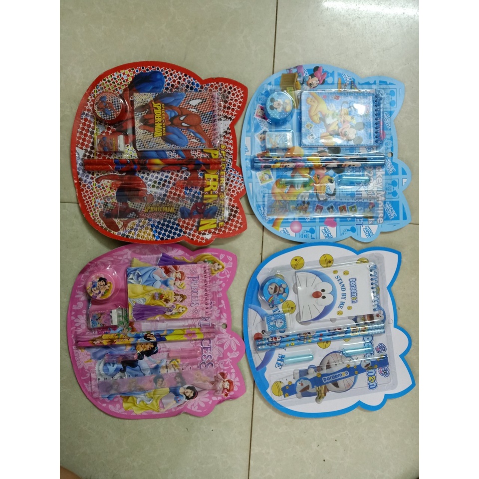 🌸Bộ Bút chì, thước kẻ, gọt bút, tẩy chì,sổ ghi chú xinh xắn hình dáng người nhện doremon mickey elsa cho bé