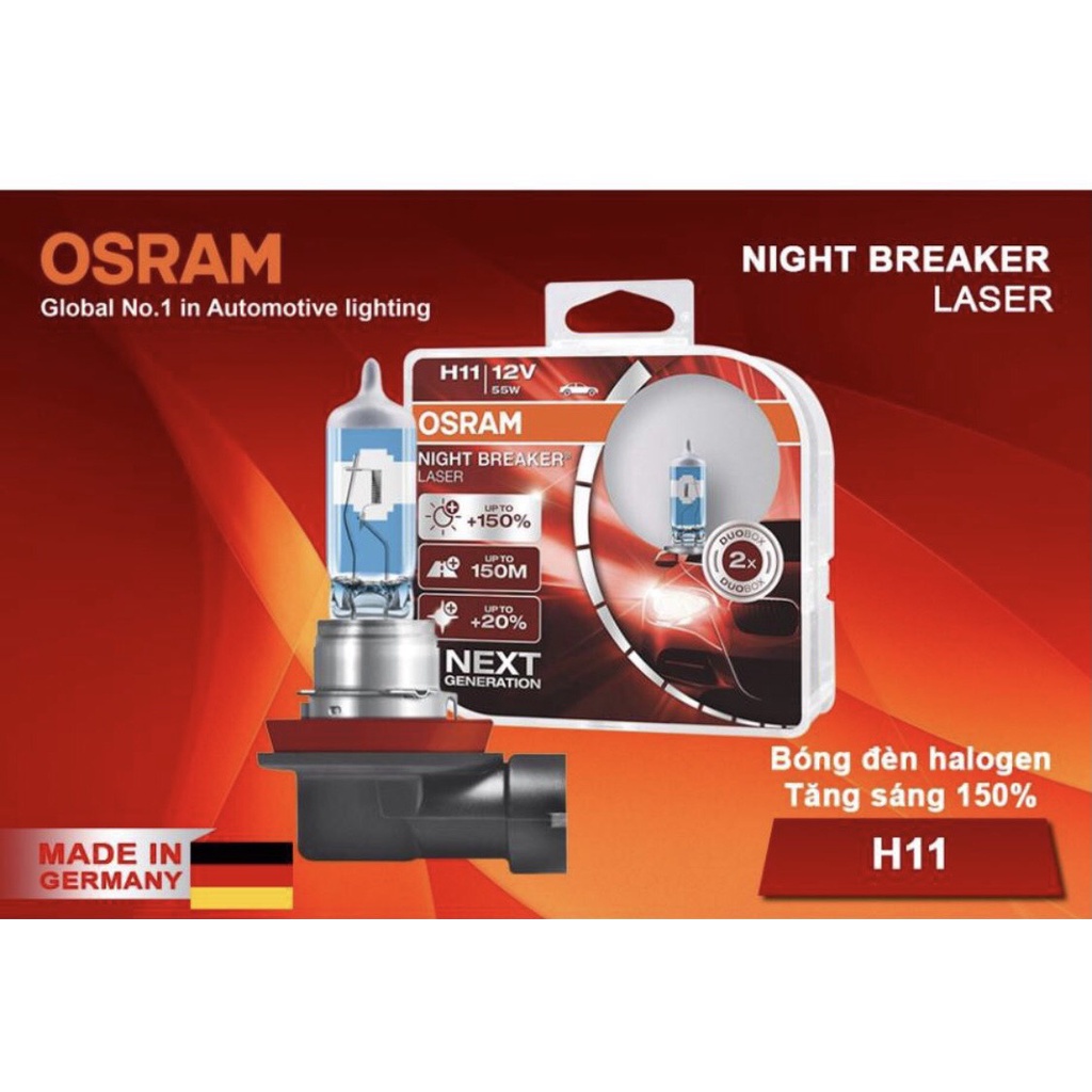 Combo 2 Bóng Đèn Halogen Tăng Sáng 150% OSRAM Night Breaker Laser H11 12V 55W - Nhập Khẩu Chính Hãng