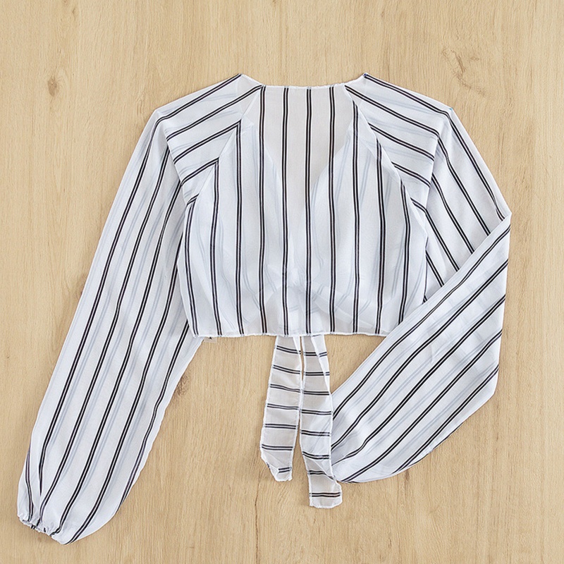 Áo Khoác Cardigan Cổ V Tay Dài Phồng Họa Tiết Kẻ Sọc Thời Trang Đi Biển Cho Nữ