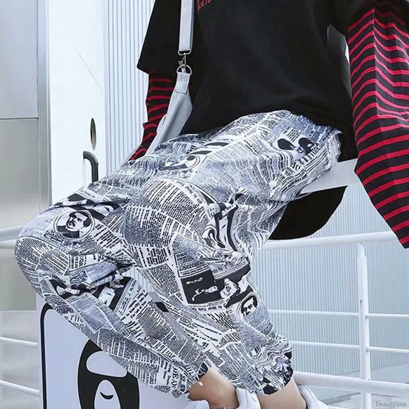 Quần dài lưng thun rút dây họa tiết báo chí phong cách Hàn Quốc cho nữ | BigBuy360 - bigbuy360.vn