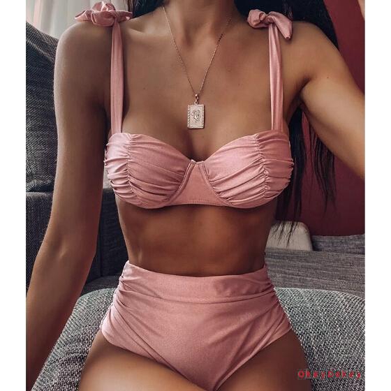 (Hàng Mới Về) Bộ Bikini Màu Hồng Có Miếng Đệm Nâng Ngực Dành Cho Nữ