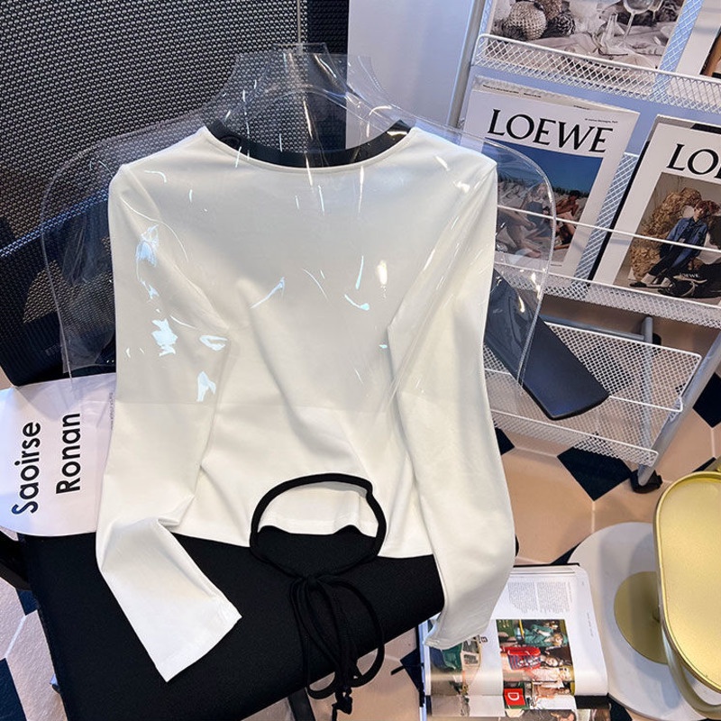 Áo Thun Tay Dài In Chữ Màu Sắc Tương Phản Phong Cách Retro Dành Cho Nữ