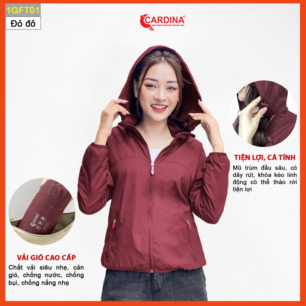 Áo gió nữ CARDINA chất gió trơn 2 lớp lót lưới cao cấp dáng thể thao cản gió cản bụi chống nước 1GFT