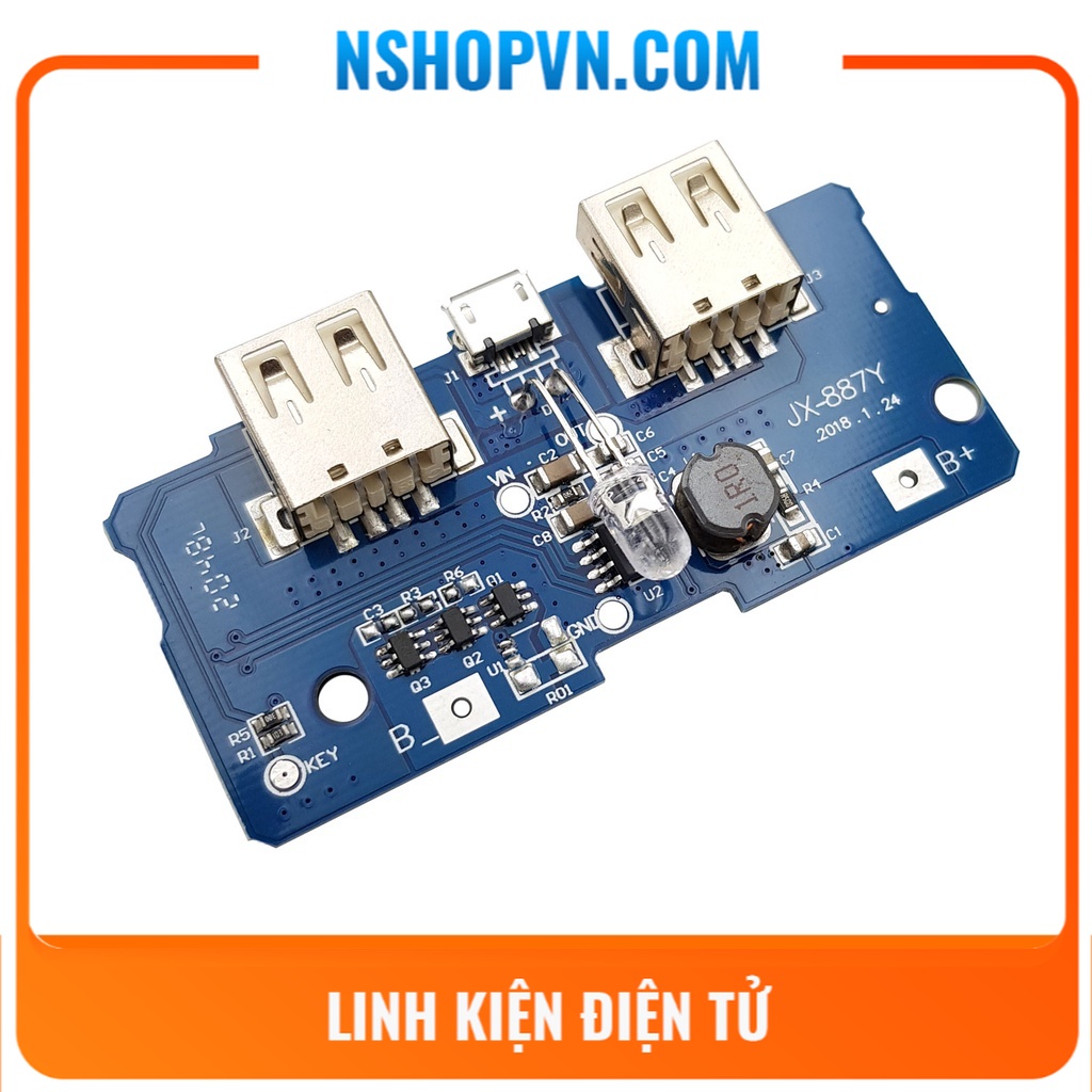 Mạch Sạc Dự Phòng 2 Cổng USB cổng USB lên đến 2A, mạch có thể dùng để sạc cho hầu hết các loại Tablet hoặc Smart Phone