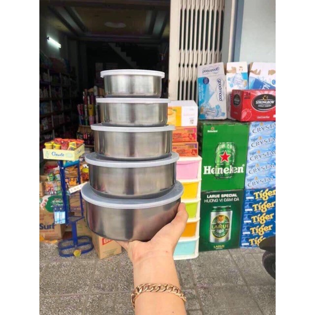 Bộ 5 Bát INOX Đựng Thực Phẩm Có Nắp Đậy Tiện Lợi