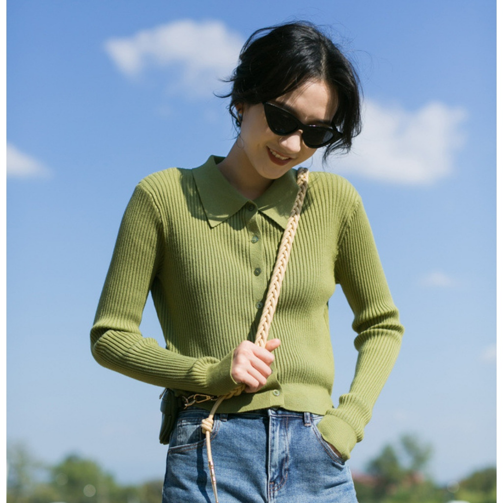 Áo Len Mỏng Cổ Bẻ Dáng Ngắn