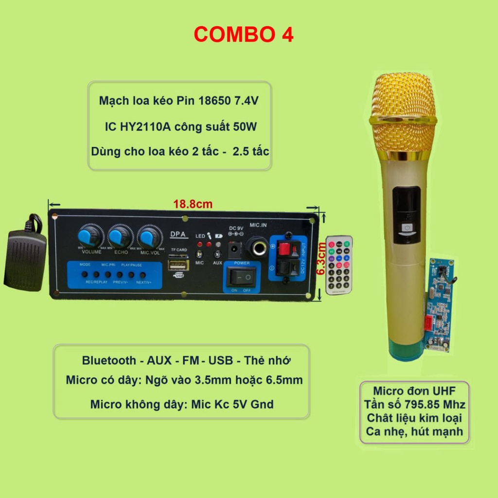 Mạch loa kéo dùng Pin sạc 18650 7V4 IC HY2110A loa kéo 2,5 tấc - 2 tấc kèm micro UHF VHF