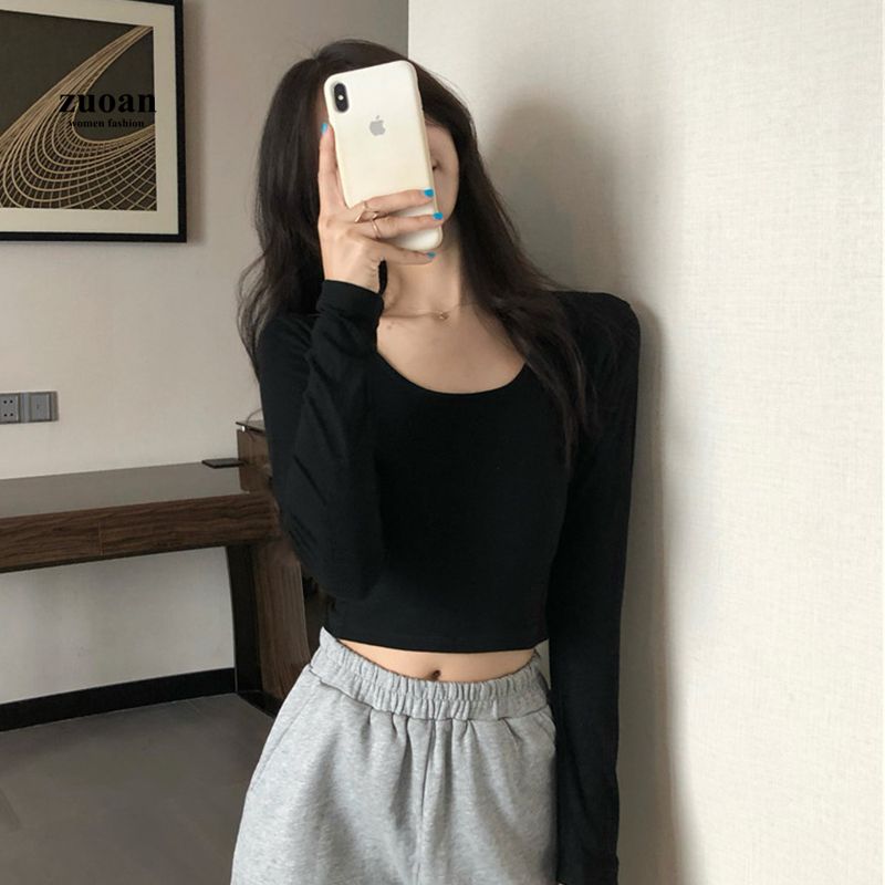 SUXI Áo thun dài tay cổ tròn nhiều màu sắc thời trang nữ đơn giản