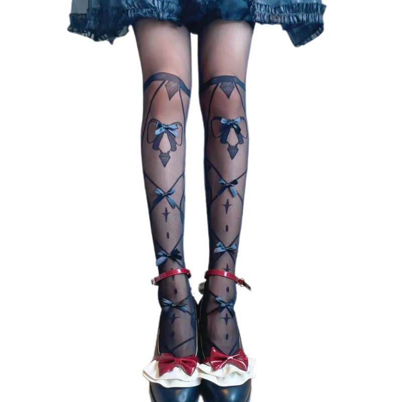 Tất Đùi Dài Qua Gối Đính Nơ Giả Hình Xăm 3D Phong Cách Gothic Lolita Cho Nữ