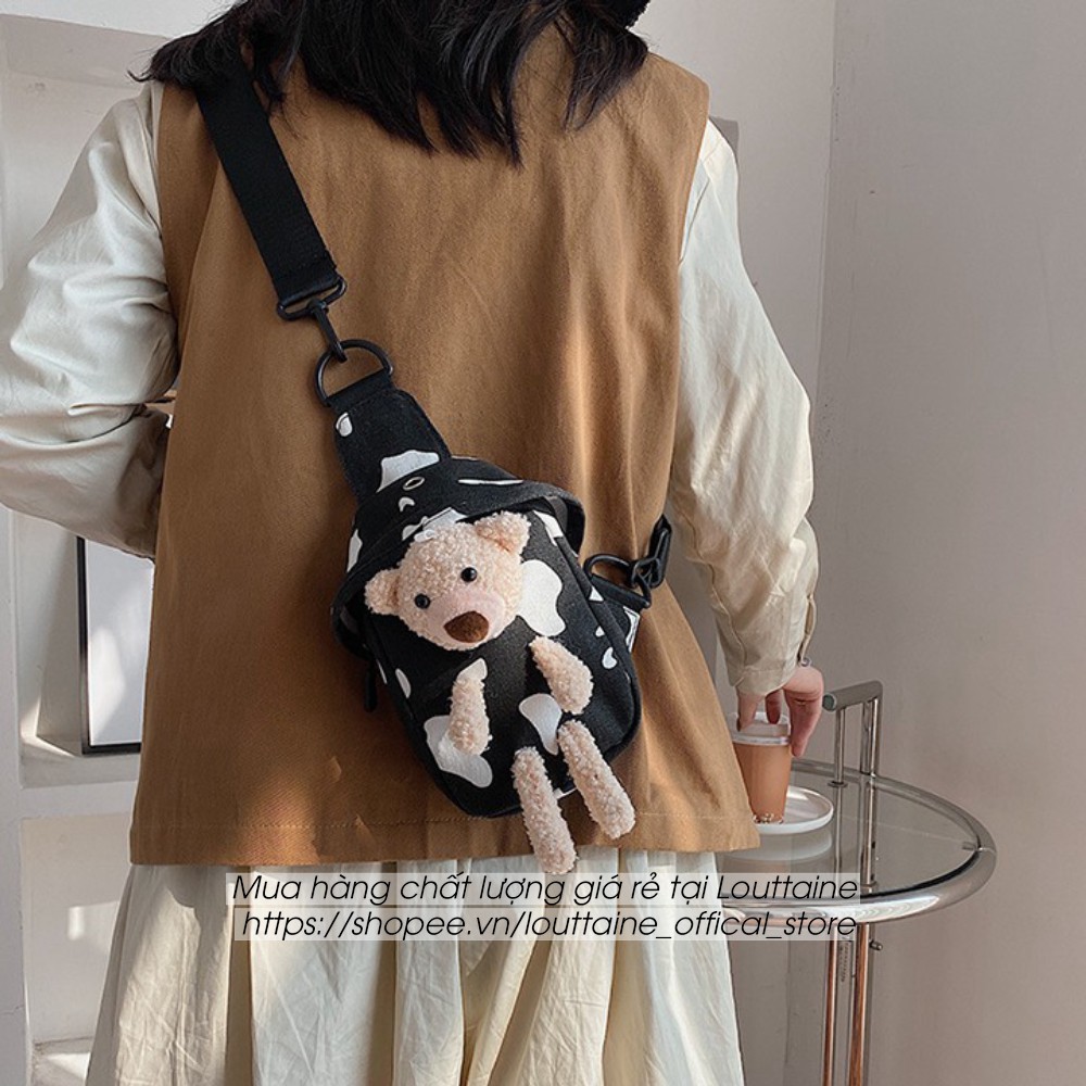 Túi đeo chéo nữ mini Denim vải canvas cao cấp gắn gấu 2 màu đen trắng dễ thương đi chơi xinh xắn