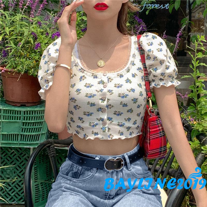 Áo croptop tay phồng in họa tiết hoa xinh xắn cho nữ