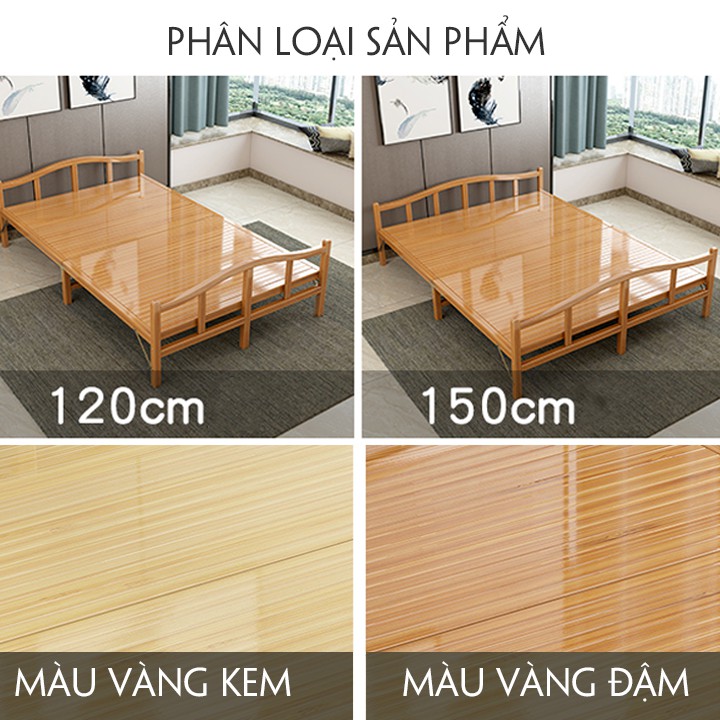 Giường tre gấp gọn 190x150cm màu gỗ, giường nằm ngủ đa năng nằm thư giãn