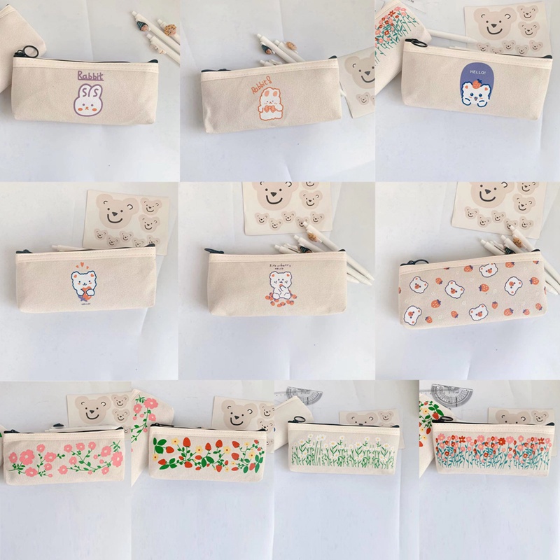 Túi Đựng Bút Canvas Họa Tiết Hoa / Gấu / Thỏ Dễ Thương Có Khóa Kéo Tiện Dụng Cho Học Sinh / Văn