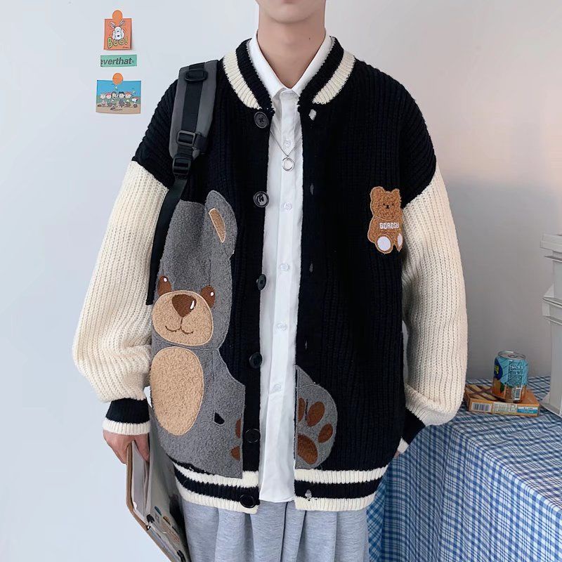 Áo Khoác Cardigan Dệt Kim Thêu Hình Gấu Kiểu Nhật Bản Thời Trang Mùa Đông Cho Nam