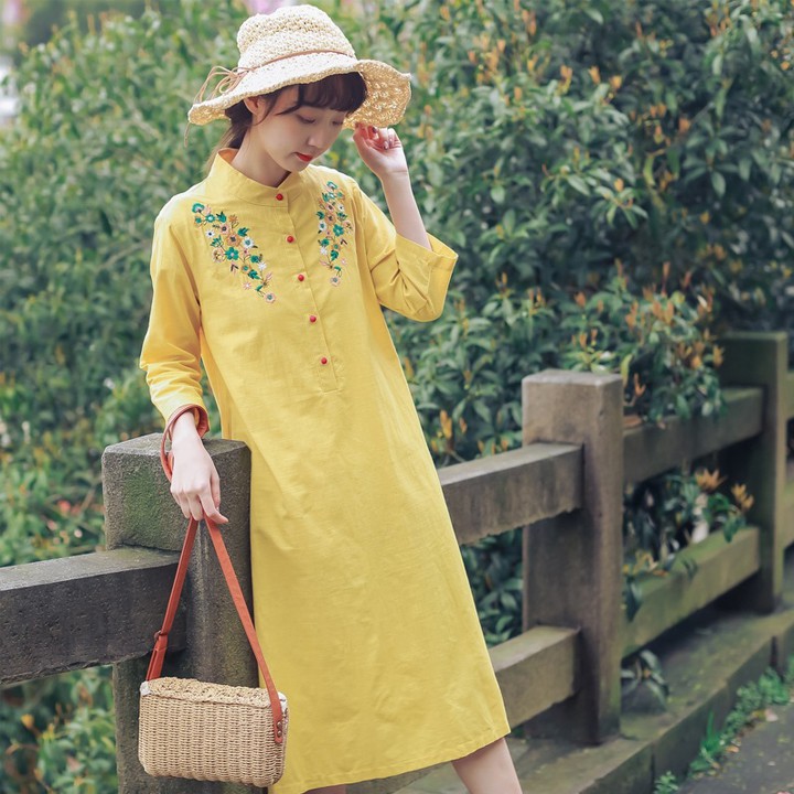 THANH LÝ HÀNG TỒN KHO Đầm bầu công sở cổ tàu thêu hoa hàng nhập Quảng Châu