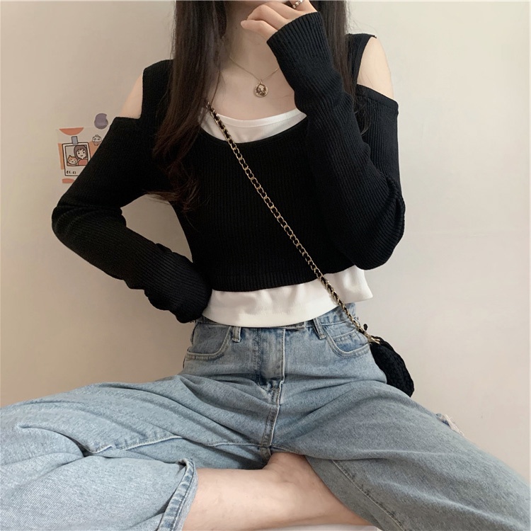 Áo dệt kim ZHELIHANGFEI tay dài trễ vai giả hai lớp phong cách thời trang cá tính cho nữ