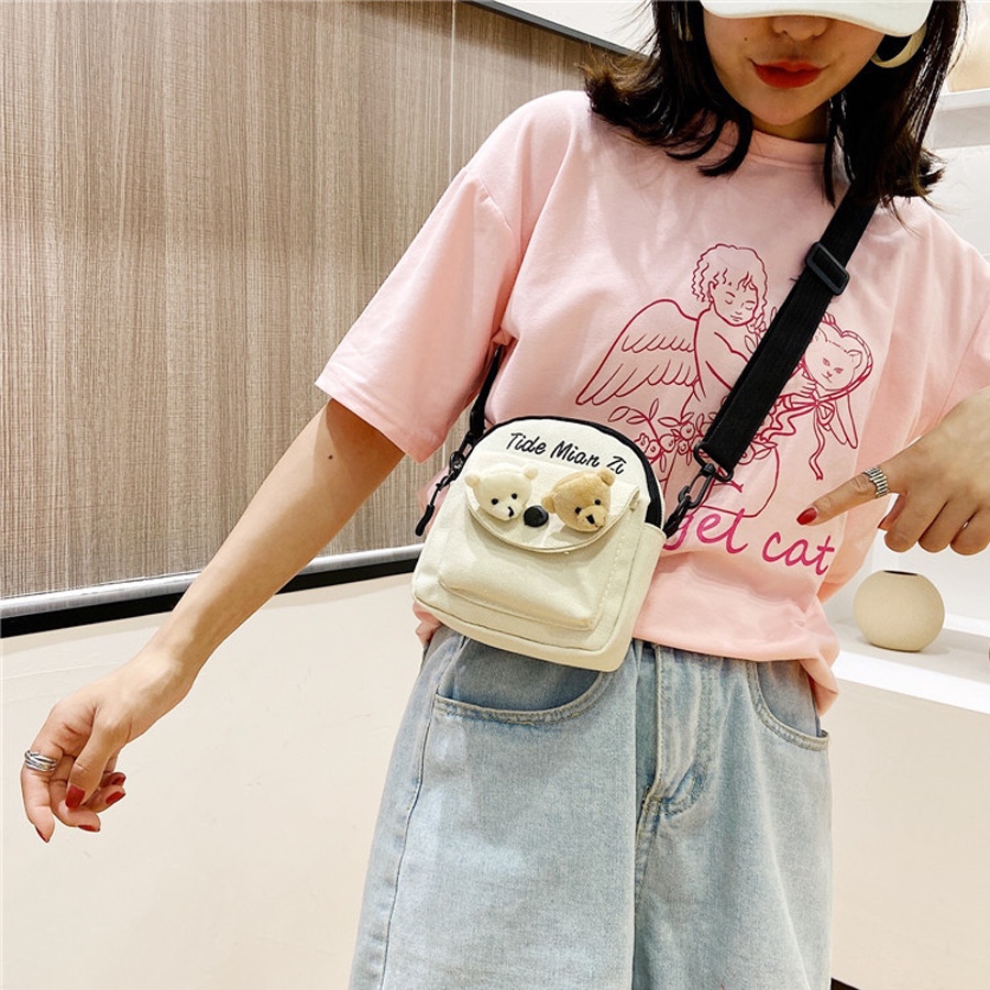 Túi Đeo Chéo Mini Vải Canvas Kèm 2 Mặt Gấu Hoặc 2 Sticker Siêu Dễ Thương Phong Cách Thời Trang