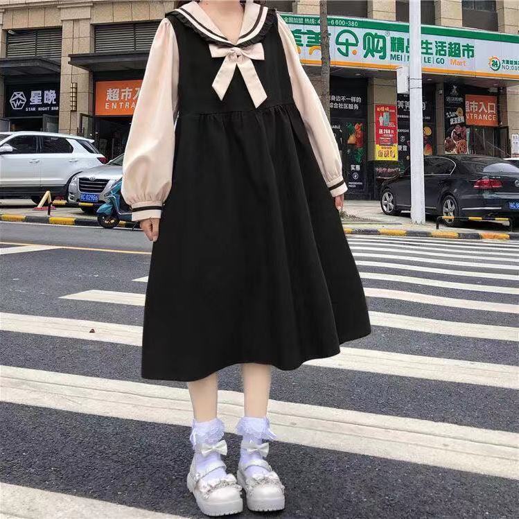 Đầm nữ tay dài cổ thủy thủ phong cách Nhật Bản mới