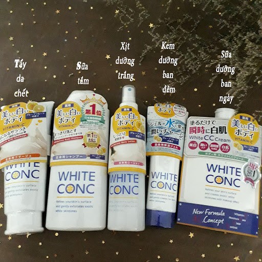 Bộ Dưỡng Trắng Da White con C ,Tẩy da chết, tắm, xịt, dưỡng ngày,dưỡng đêm