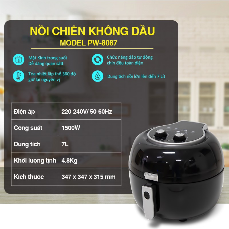 [Mã ELHADEV giảm 4% đơn 300K] Nồi Chiên Không Dầu PW-8087D 7L Điều Khiển Cơ 1500W - Bảo Hành 12 Tháng