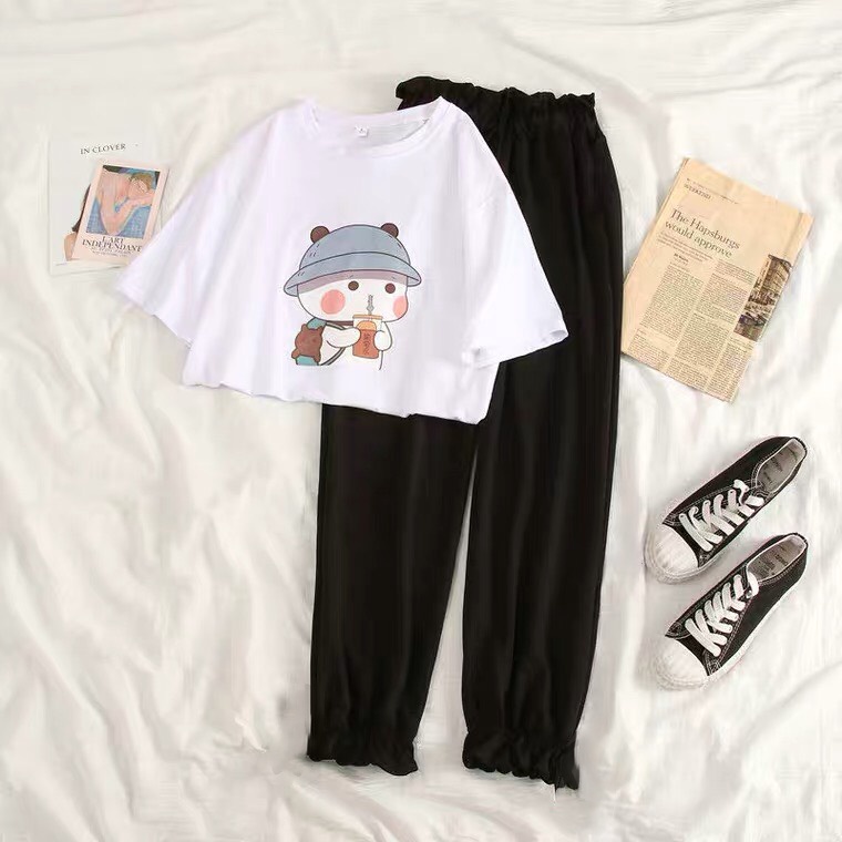 Sét Áo Gấu đi học + quần Bom, Áo Thun From rộng mặc cho nam và nữ, chất đẹp, Sét bộ mặc ở nhà FANI