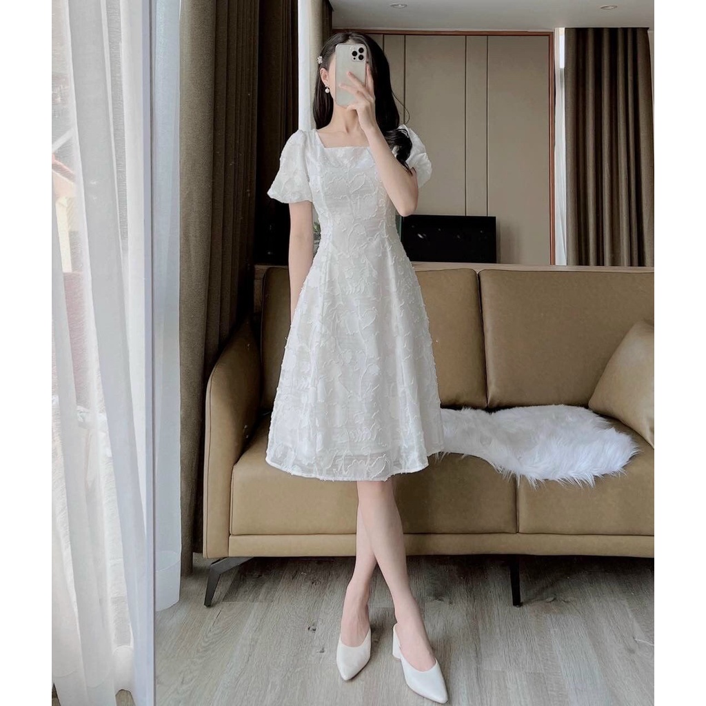Đầm Dự Tiệc ⚡️FREESHIP⚡️ Cổ Vuông Tay Phồng Họa Tiết Hoa Xinh Xắn